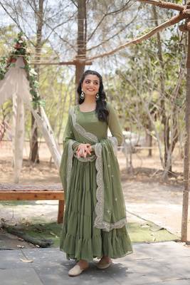 Mahendi Color Designer Trending Georgette Gown Dupatta Collection 1