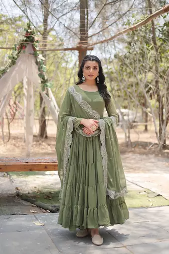 Mahendi Color Designer Trending Georgette Gown Dupatta Collection