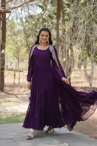 Purple Color Designer Trending Georgette Gown Dupatta Collection