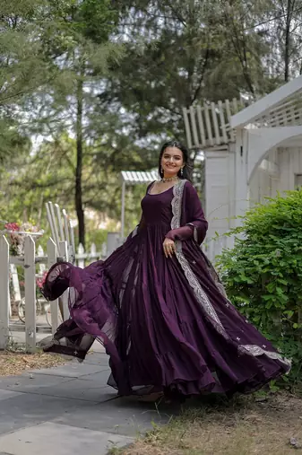 Wine Faux Georgette Long Kurti With Dupatta