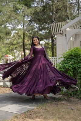Wine Faux Georgette Long Kurti With Dupatta 4