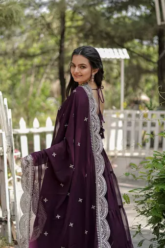 Wine Faux Georgette Long Kurti With Dupatta