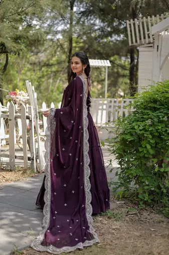 Wine Faux Georgette Long Kurti With Dupatta