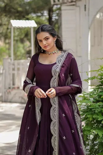 Wine Faux Georgette Long Kurti With Dupatta