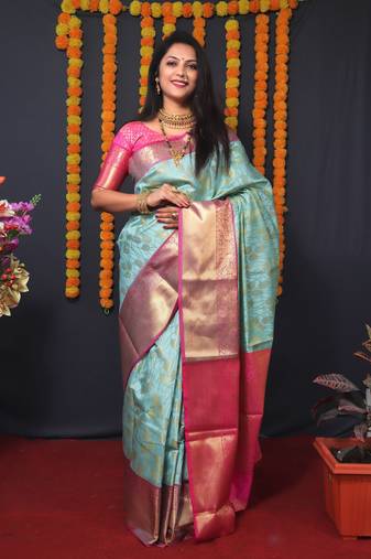Women's Sky Blue Faux Kanjivaram Silk Zari Woven Saree with Blouse