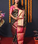 Women's Black Faux Kanjivaram Silk Zari Woven Saree with Blouse