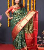 Women's Bottle Green Faux Kanjivaram Silk Zari Woven Saree with Blouse