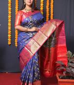 Women's Blue Faux Kanjivaram Silk Zari Woven Saree with Blouse