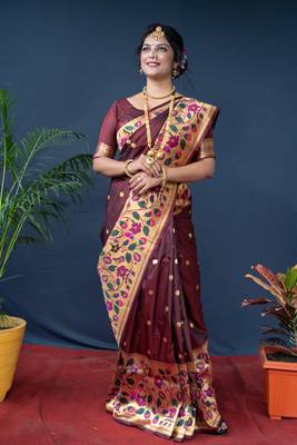 Women's Brown Paithani Silk Zari Woven Saree with Blouse 1