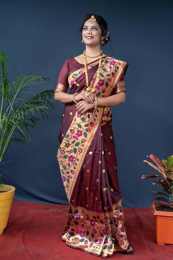 Women's Brown Paithani Silk Zari Woven Saree with Blouse