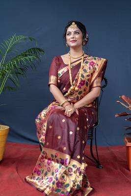Women's Brown Paithani Silk Zari Woven Saree with Blouse 2