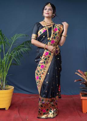 Women's Black Paithani Silk Zari Woven Saree with Blouse 1