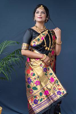 Women's Black Paithani Silk Zari Woven Saree with Blouse 2