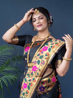 Women's Black Paithani Silk Zari Woven Saree with Blouse 3