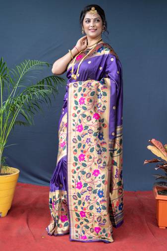 Women's Purple Paithani Silk Zari Woven Saree with Blouse
