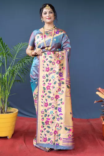 Women's Grey Paithani Silk Zari Woven Saree with Blouse