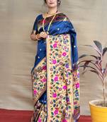Women's Navy Blue Paithani Silk Zari Woven Saree with Blouse