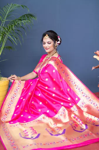 Women's Pink Paithani Silk Zari Woven Saree with Blouse