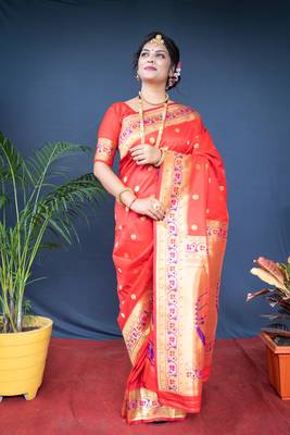 Women's Red Paithani Silk Zari Woven Saree with Blouse 1