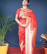 Women's Red Paithani Silk Zari Woven Saree with Blouse