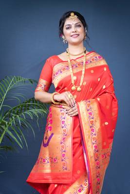 Women's Red Paithani Silk Zari Woven Saree with Blouse 2