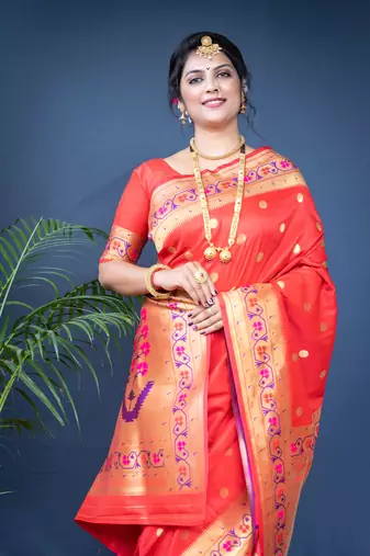 Women's Red Paithani Silk Zari Woven Saree with Blouse