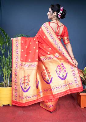 Women's Red Paithani Silk Zari Woven Saree with Blouse 4
