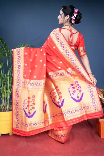 Women's Red Paithani Silk Zari Woven Saree with Blouse