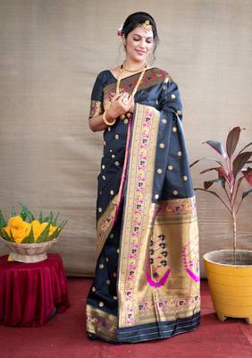 Women's Black Paithani Silk Zari Woven Saree with Blouse 1