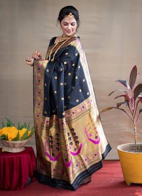 Women's Black Paithani Silk Zari Woven Saree with Blouse 2