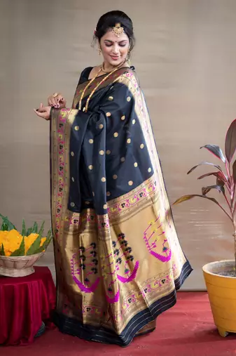 Women's Black Paithani Silk Zari Woven Saree with Blouse