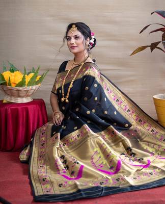 Women's Black Paithani Silk Zari Woven Saree with Blouse 3