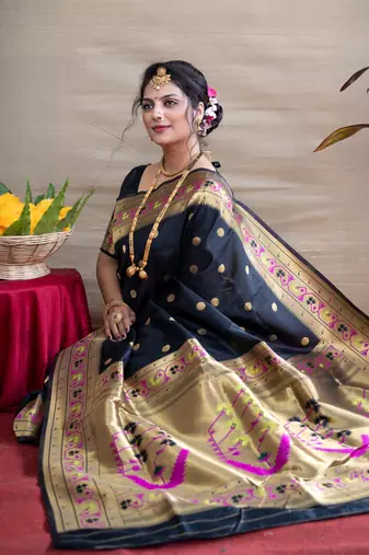 Women's Black Paithani Silk Zari Woven Saree with Blouse