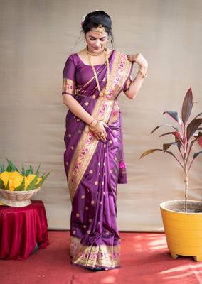 Women's Wine Paithani Silk Zari Woven Saree with Blouse 1