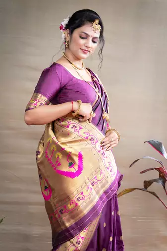 Women's Wine Paithani Silk Zari Woven Saree with Blouse