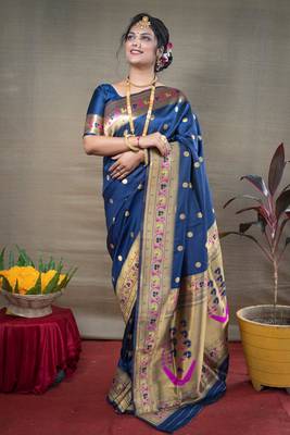 Women's Blue Paithani Silk Zari Woven Saree with Blouse 1