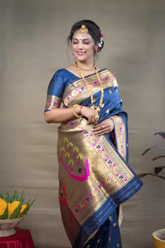 Women's Blue Paithani Silk Zari Woven Saree with Blouse