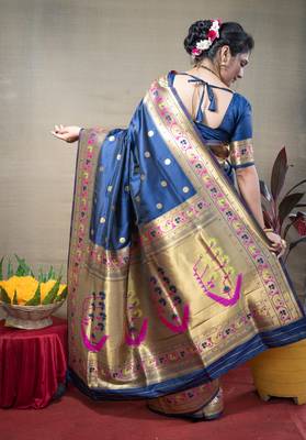 Women's Blue Paithani Silk Zari Woven Saree with Blouse 4