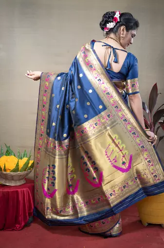 Women's Blue Paithani Silk Zari Woven Saree with Blouse