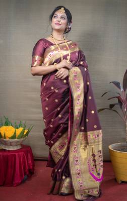 Women's Brown Paithani Silk Zari Woven Saree with Blouse 1
