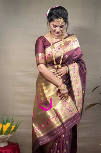 Women's Brown Paithani Silk Zari Woven Saree with Blouse