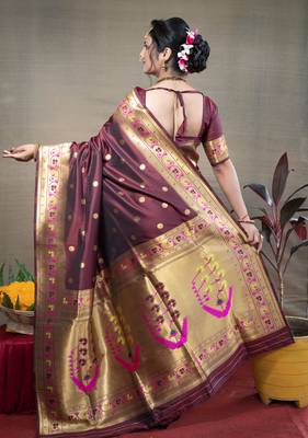 Women's Brown Paithani Silk Zari Woven Saree with Blouse 4