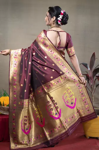 Women's Brown Paithani Silk Zari Woven Saree with Blouse