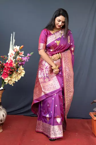 Women's Purple Paithani Silk Zari Woven Saree with Blouse