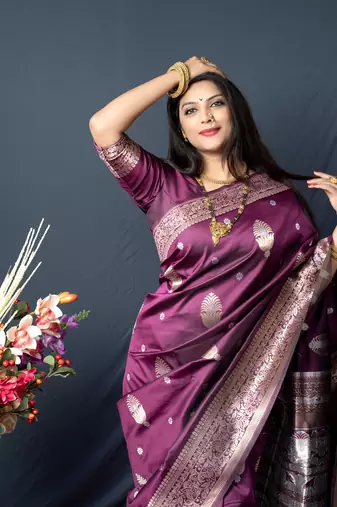 Women's Wine Paithani Silk Zari Woven Saree with Blouse