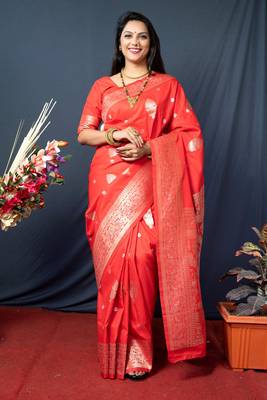 Women's Orange Paithani Silk Zari Woven Saree with Blouse 1