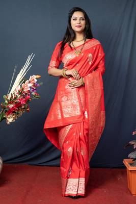 Women's Orange Paithani Silk Zari Woven Saree with Blouse 2