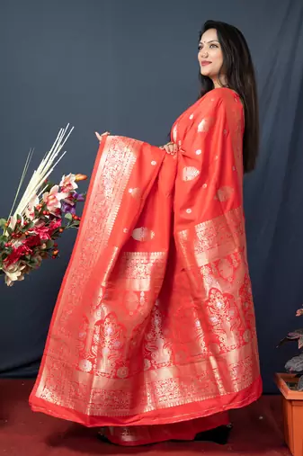 Women's Orange Paithani Silk Zari Woven Saree with Blouse