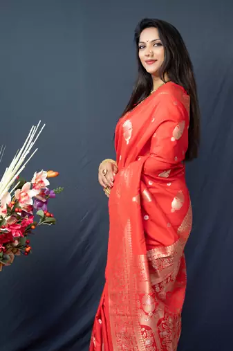 Women's Orange Paithani Silk Zari Woven Saree with Blouse