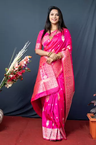 Women's Pink Paithani Silk Zari Woven Saree with Blouse